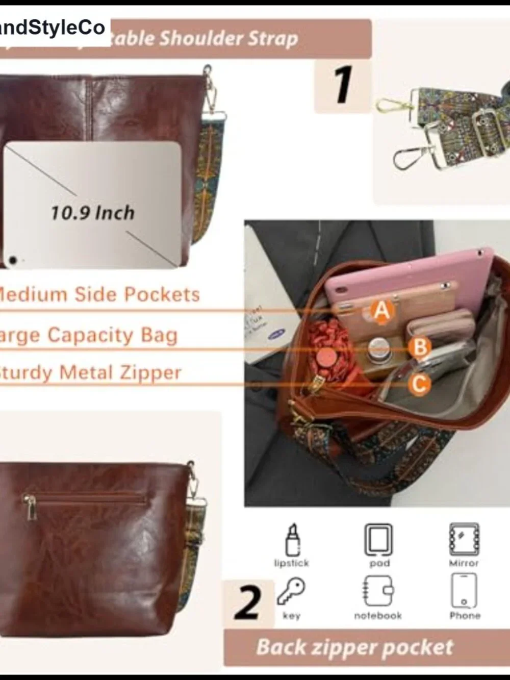 Vegan Leather Hobo Crossbody Bag with Zipper Shoulder Purse